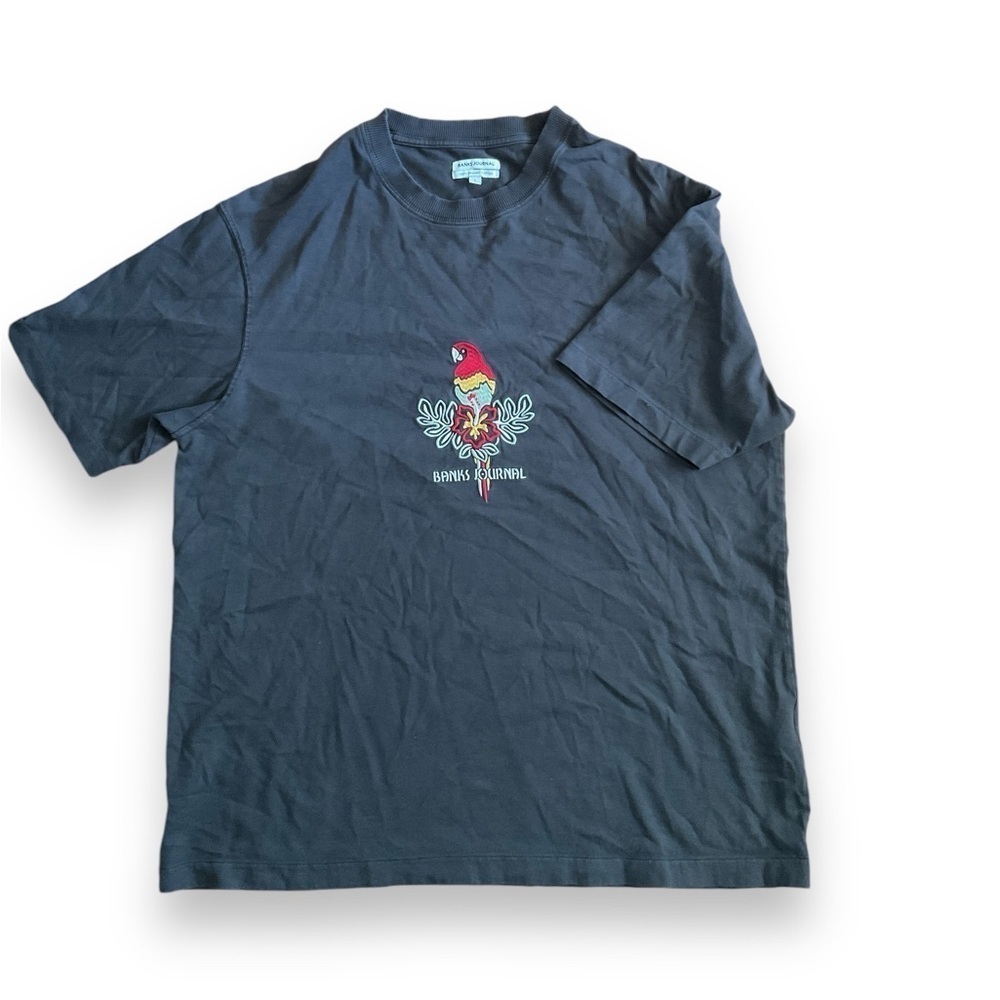 Banks Journal Vintage Black Embroidered Parrot Hibiscus Decal Crewneck Tee Large
